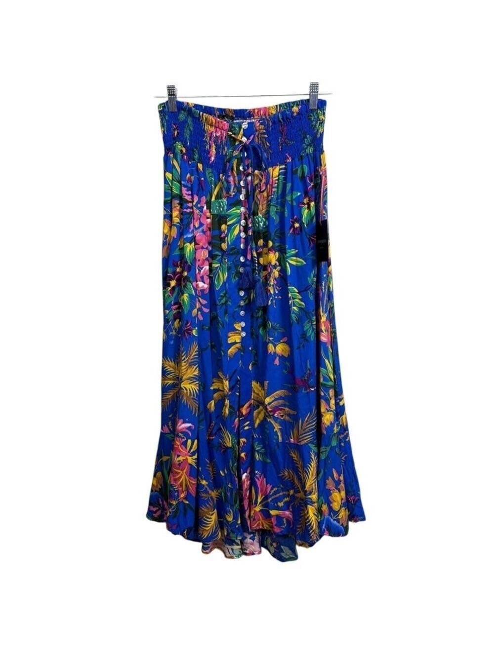 Cynthia Rowley NWT Floral Maxi Skirt Blue Tropical Print Smocked Waist Size Larg